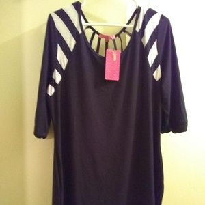 3X Black and White Striped Shoulder Dress